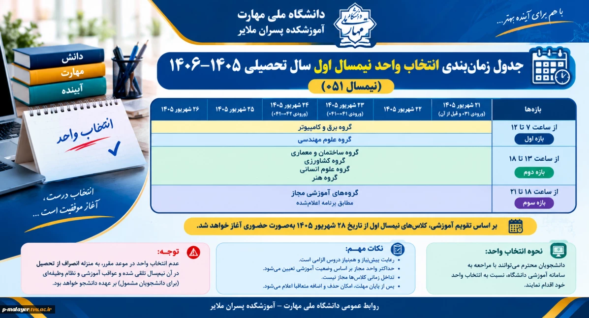 جدول زمان‌بندی انتخاب واحد نیمسال اول سال تحصیلی ۱۴۰۵–۱۴۰۶ (نیمسال ۰۵۱)